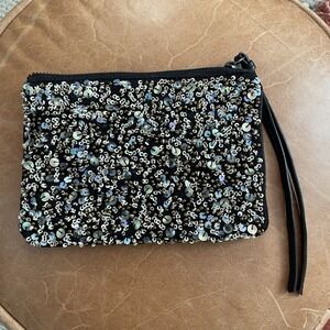 Allsaints Black Leather And Beaded Pouch Clutch Zip
